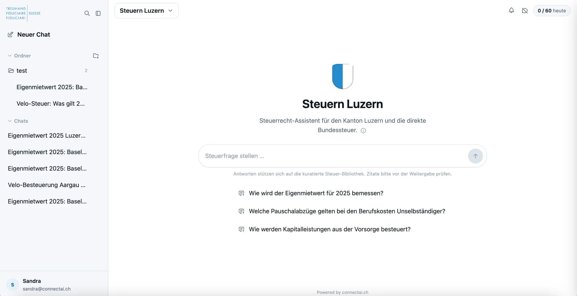 Treuhand GPT: Steuerrecht-Assistent für den Kanton Luzern mit Eingabefeld und Beispielfragen
