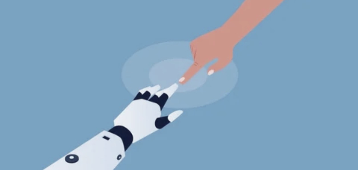 Human hand and robot hand reaching to touch fingertips against a blue background, symbolizing connection between humans and technology.