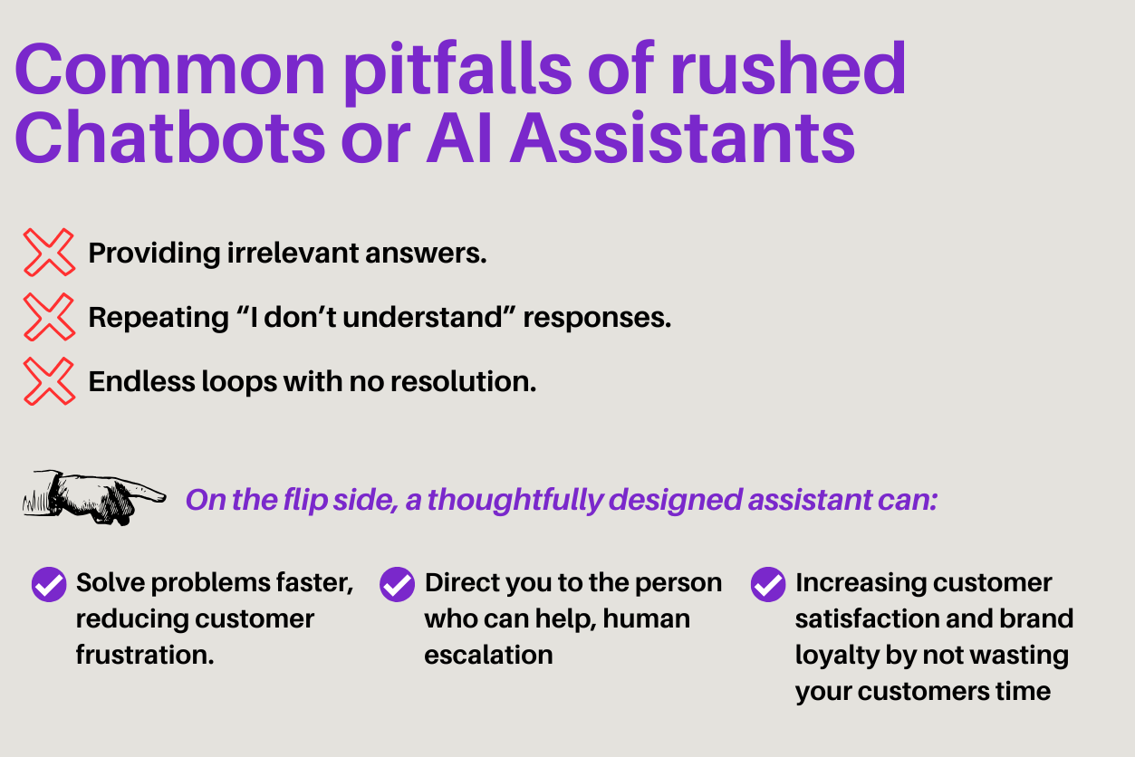 Text highlights pitfalls of chatbots with red crosses: irrelevant answers, repeating "I don't understand," and endless loops. Contrasts benefits of well-designed AI with blue checks.