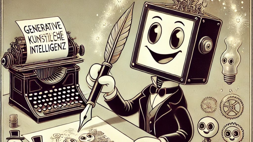Roboter mit Bildschirmkopf zeichnet mit Feder. Schreibmaschine mit Text "Generative Künstliche Intelligenz". Zahnräder und Glühbirne im Hintergrund.