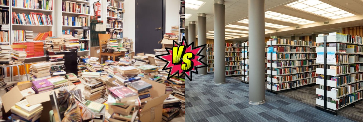 A cluttered room with books stacked haphazardly on the left vs. an organized, modern library with neat shelves on the right. “VS” graphic in the center.